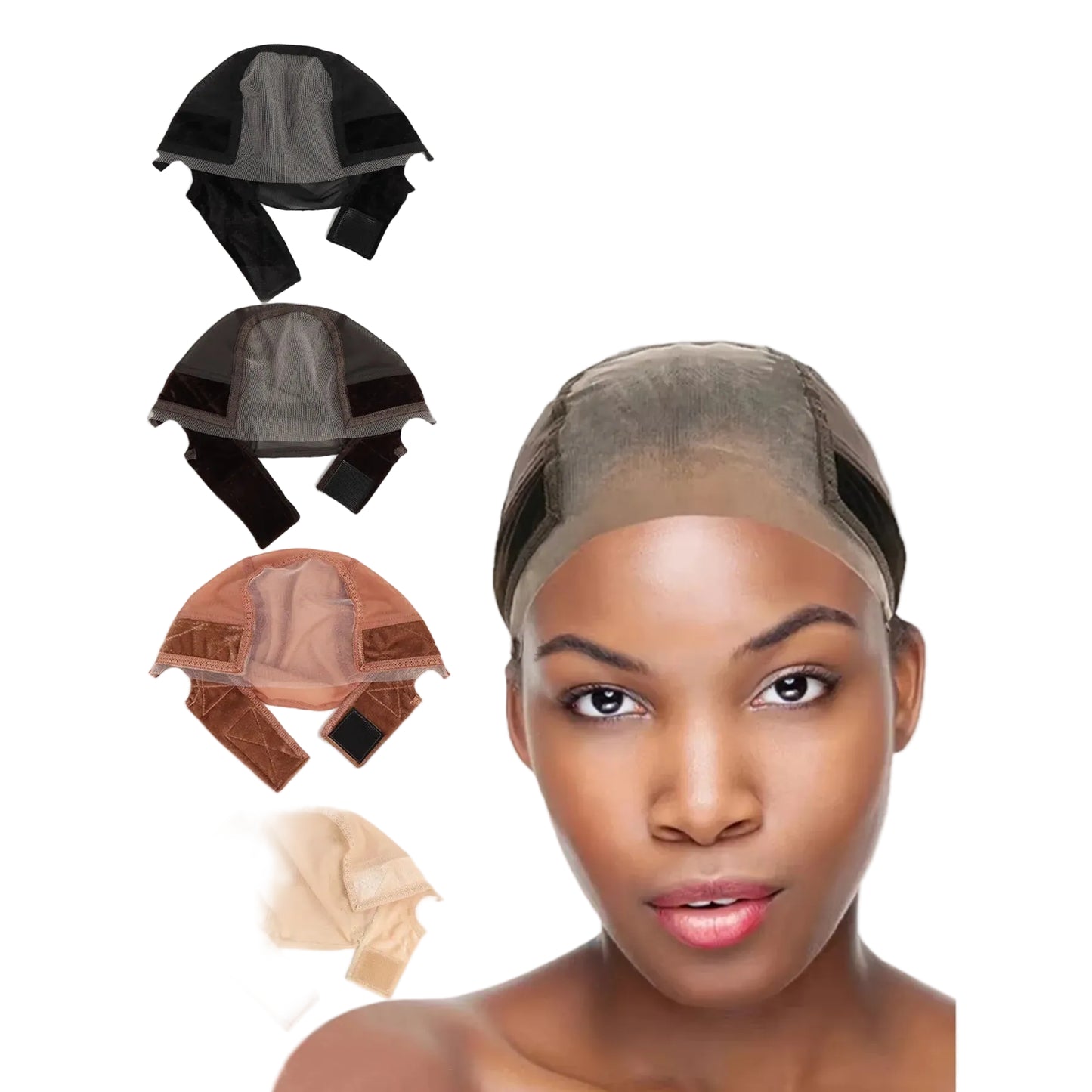 A model wearing a sheer lace wig cap is shown on the right, with four additional color options displayed on the left and the text 'Four colors' in orange. The wigs/caps are shown in black, dark brown, medium brown, and light beige tones.