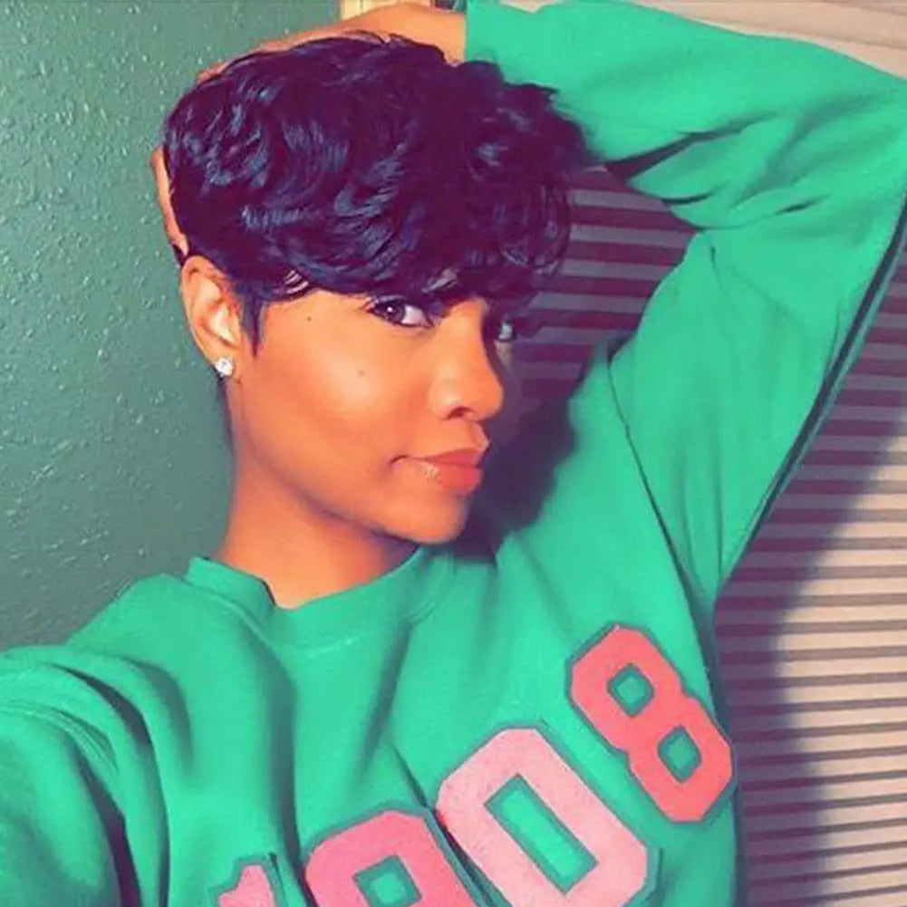 9A Grade Layered Pixie Cut Human Hair Wig with Bangs
