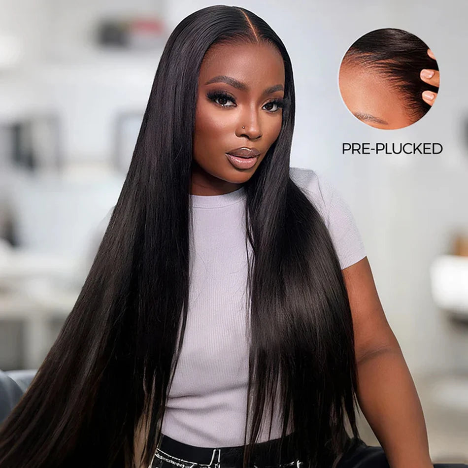 Woman with long straight hair wearing a gray top, with an inset showing pre-plucked hairline.