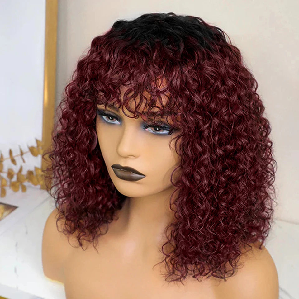 Glueless Honey Blonde Highlight Jerry Curly Bob Wig with Bangs | Short Water Wave Human Hair | D'AuraHaven
