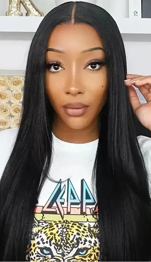 Comparison of a wig with 'Installed' and 'Taken off' labels, showing a woman wearing the wig.