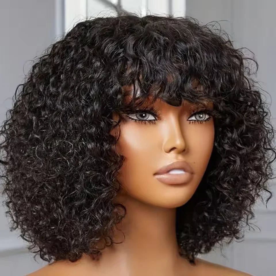 Glueless Honey Blonde Highlight Jerry Curly Bob Wig with Bangs | Short Water Wave Human Hair | D'AuraHaven