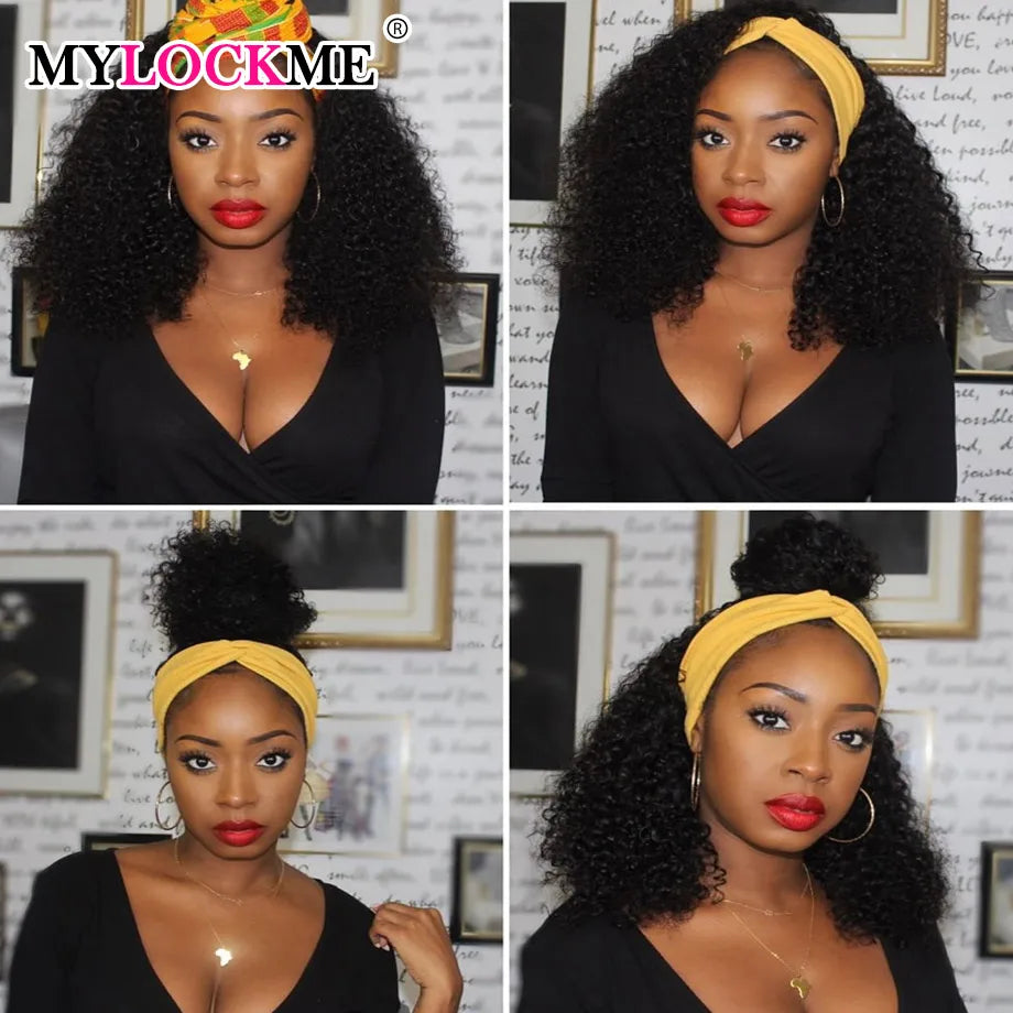 180% Density Kinky Curly Headband Wig | Glueless Full Machine-Made Brazilian Remy Human Hair | D'AuraHaven