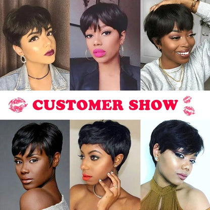 9A Grade Layered Pixie Cut Human Hair Wig with Bangs | Short Machine-Made Brazilian Bob | D'AuraHaven