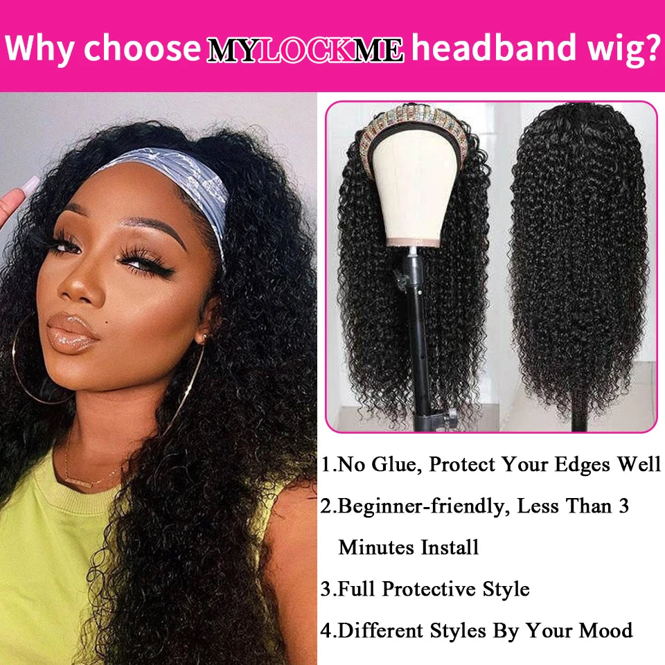 180% Density Kinky Curly Headband Wig | Glueless Full Machine-Made Brazilian Remy Human Hair | D'AuraHaven