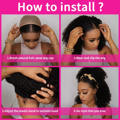 180% Density Kinky Curly Headband Wig | Glueless Full Machine-Made Brazilian Remy Human Hair | D'AuraHaven