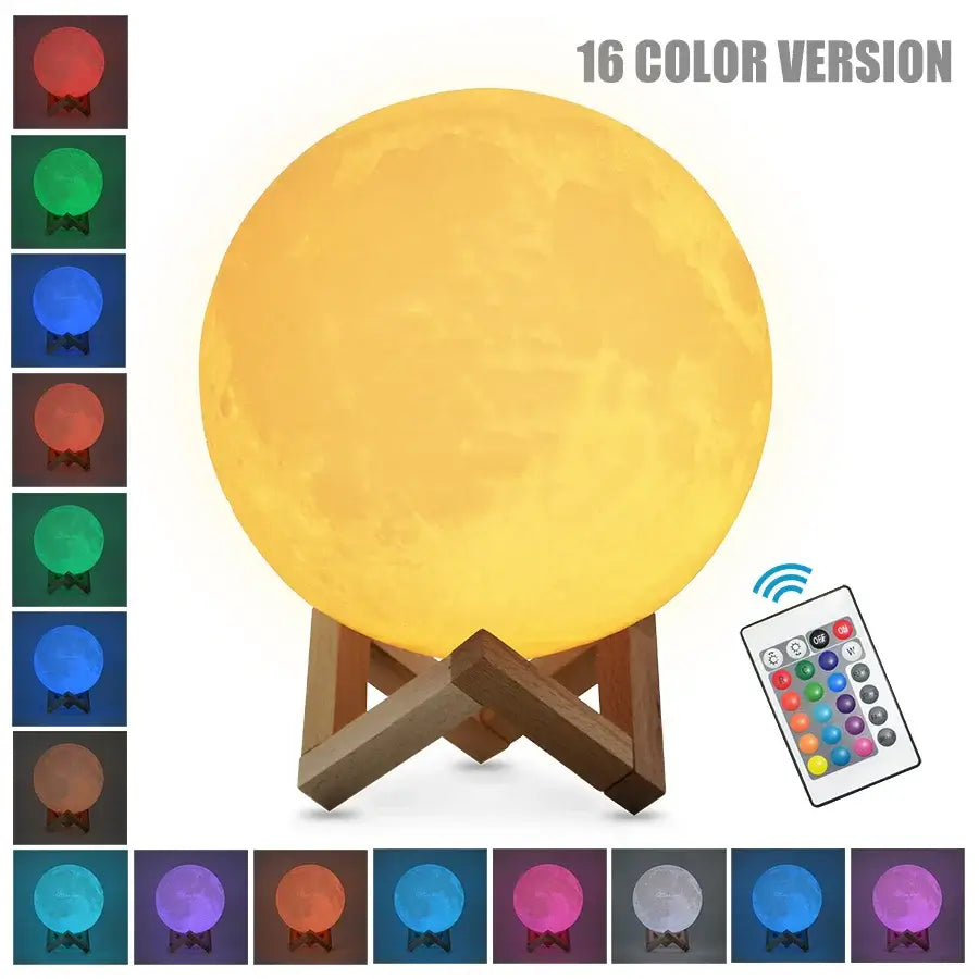 D'AuraHaven Moon Lamp 16 colour modes with remote control wooden X-stand