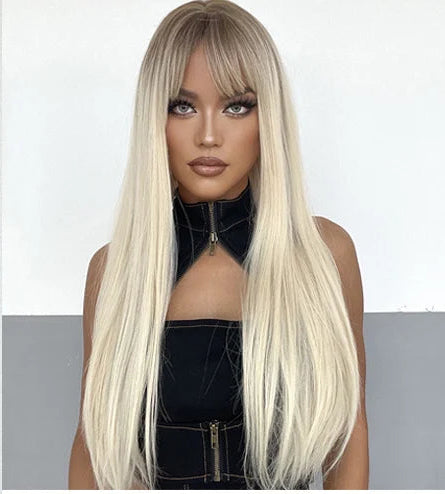Woman with long blonde wig, shown from front, side, and back views.