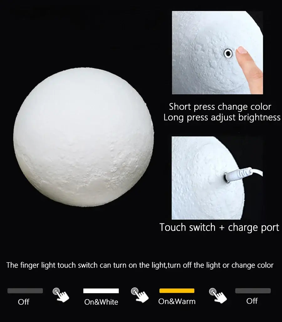 D'AuraHaven Moon Lamp 3D lunar surface texture USB rechargeable touch switch