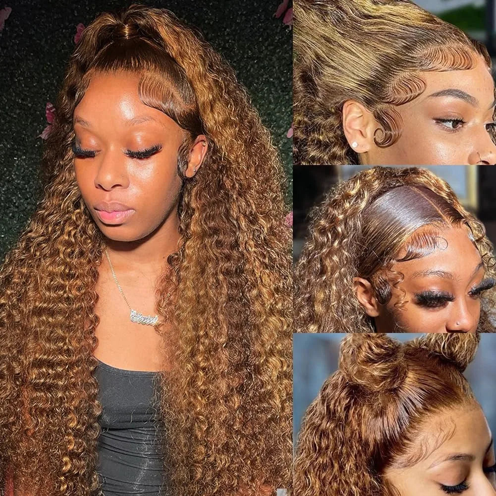 30" Highlight Honey Brown Deep Wave Lace Frontal Wig | 250% Density 13x6 HD Human Hair | D'AuraHaven