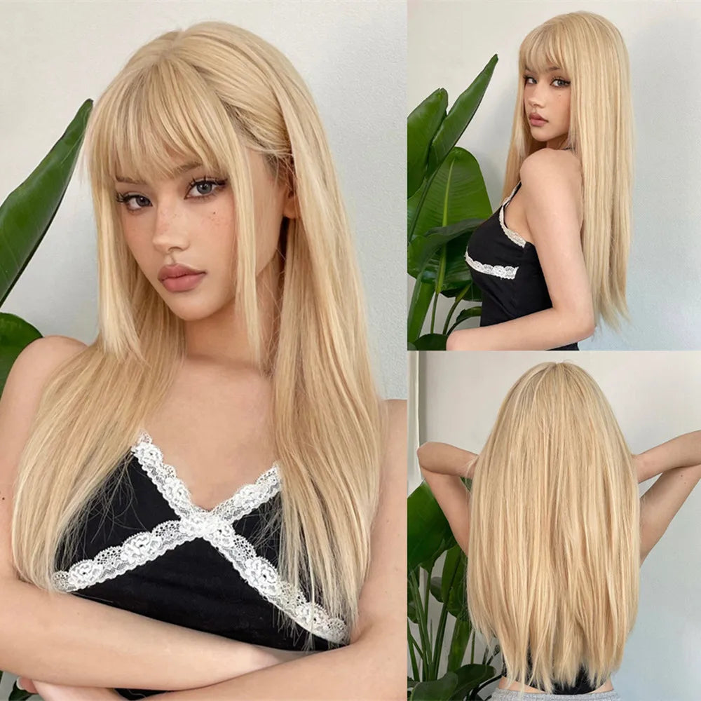 Premium Silk Straight Wig with Bangs | Long Glueless Synthetic | D'AuraHaven