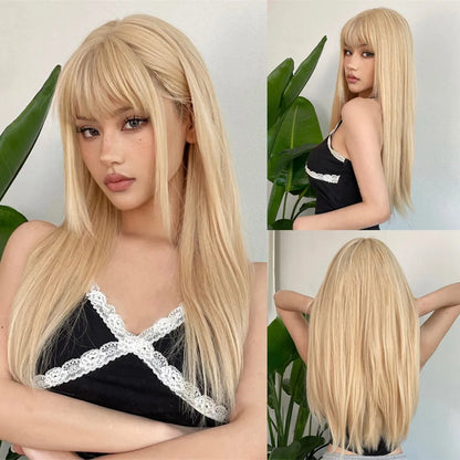 Premium Silk Straight Wig with Bangs | Long Glueless Synthetic | D'AuraHaven