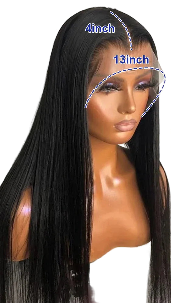 13x4 lace front wig with measurements and preplucked natural hairline on a mannequin and close-up views.
