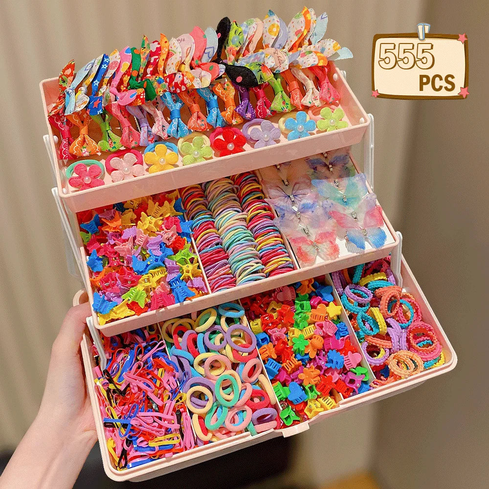 555  / 718 -Piece Ultimate Girls Hair Accessories Kit | Colorful Butterfly Clips & Elastics Set | D'AuraHaven