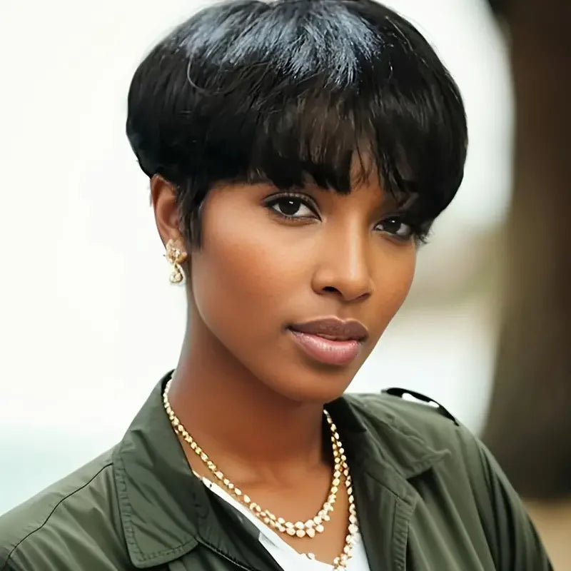 9A Grade Layered Pixie Cut Human Hair Wig with Bangs | Short Machine-Made Brazilian Bob | D'AuraHaven