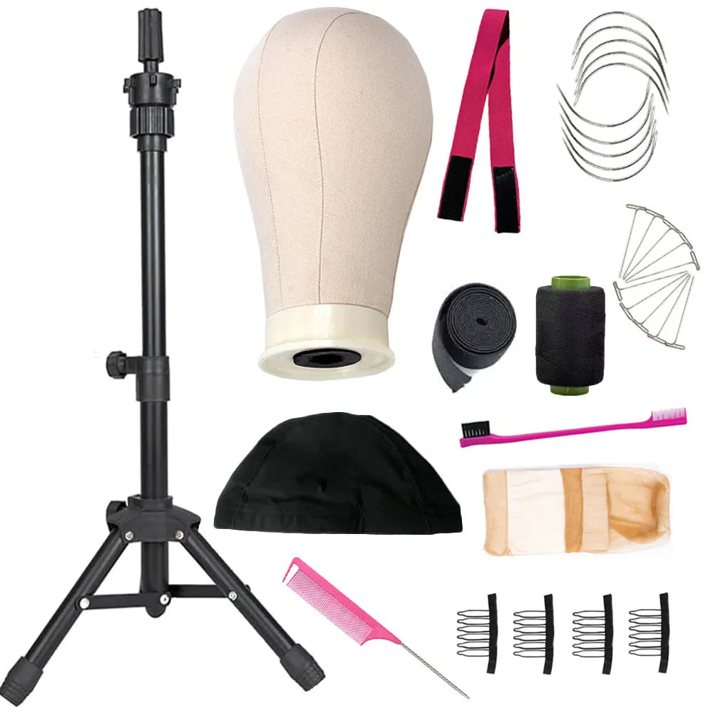 Canvas Block Mannequin Head Set with Table Stand | Professional Wig Making & Display Kit | D'AuraHaven