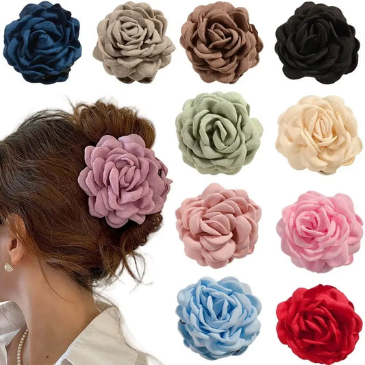 Premium Matte Rose Flower Hair Claw Clip | 3D Fabric Floral Shark Clamp | D'AuraHaven