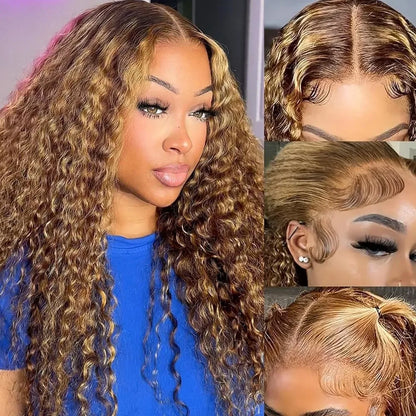 30" Highlight Honey Brown Deep Wave Lace Frontal Wig | 250% Density 13x6 HD Human Hair | D'AuraHaven