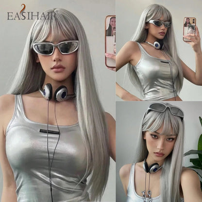 Premium Silk Straight Wig with Bangs | Long Glueless Synthetic | D'AuraHaven