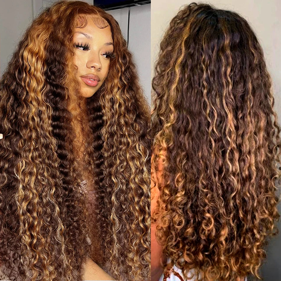 30" Highlight Honey Brown Deep Wave Lace Frontal Wig | 250% Density 13x6 HD Human Hair | D'AuraHaven