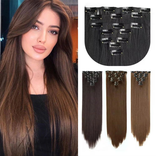 D'AuraHaven LuxVolume™ 24" Long Straight Clip-In Hair Extensions (7-Pcs Set)