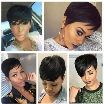 9A Grade Layered Pixie Cut Human Hair Wig with Bangs | Short Machine-Made Brazilian Bob | D'AuraHaven