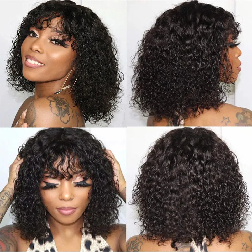 Glueless Honey Blonde Highlight Jerry Curly Bob Wig with Bangs | Short Water Wave Human Hair | D'AuraHaven