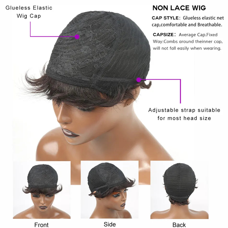 9A Grade Layered Pixie Cut Human Hair Wig with Bangs | Short Machine-Made Brazilian Bob | D'AuraHaven