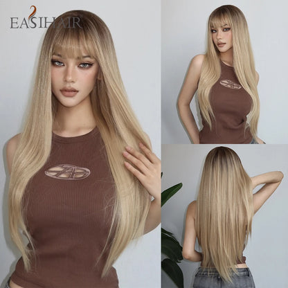 Premium Silk Straight Wig with Bangs | Long Glueless Synthetic | D'AuraHaven