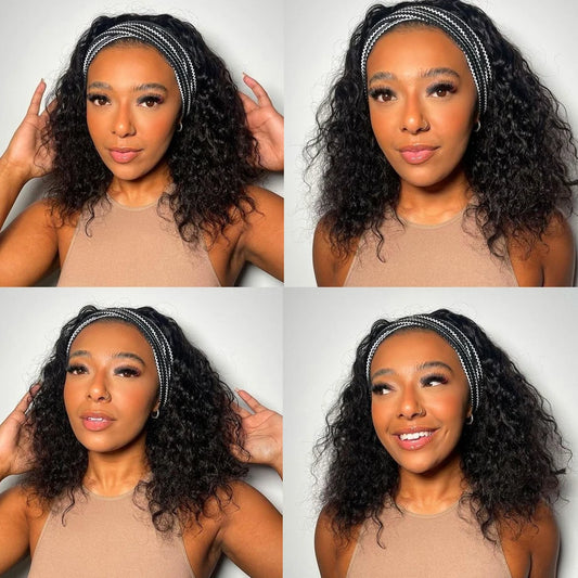 180% Density Kinky Curly Headband Wig | Glueless Full Machine-Made Brazilian Remy Human Hair | D'AuraHaven