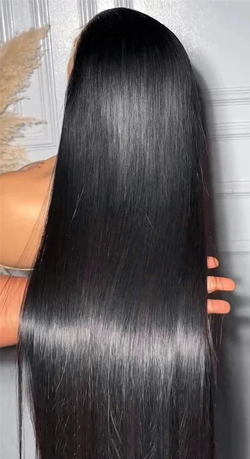 Collage of a wig with long black hair, a close-up of the hairline, and text about real hair not falling off.