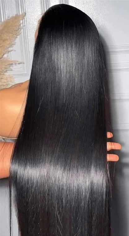 Collage of a wig with long black hair, a close-up of the hairline, and text about real hair not falling off.