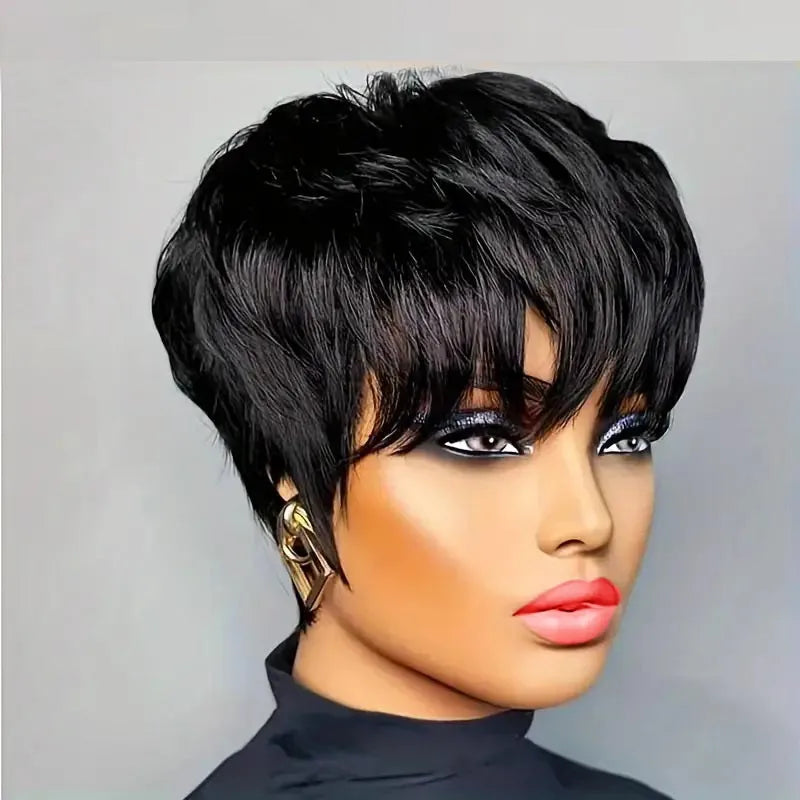 9A Grade Layered Pixie Cut Human Hair Wig with Bangs | Short Machine-Made Brazilian Bob | D'AuraHaven