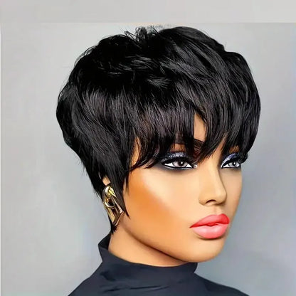 9A Grade Layered Pixie Cut Human Hair Wig with Bangs | Short Machine-Made Brazilian Bob | D'AuraHaven