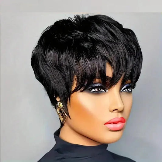 9A Grade Layered Pixie Cut Human Hair Wig with Bangs | Short Machine-Made Brazilian Bob | D'AuraHaven