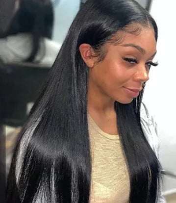 Four-panel collage showing a model wearing straight black hair extensions or a wig in different lengths: 26inch, 28inch, 30inch, and 34inch. Each panel includes a blue label with the length number.