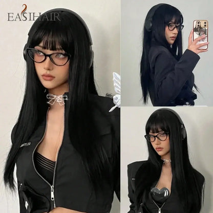 Premium Silk Straight Wig with Bangs | Long Glueless Synthetic | D'AuraHaven