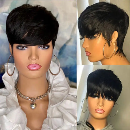 9A Grade Layered Pixie Cut Human Hair Wig with Bangs | Short Machine-Made Brazilian Bob | D'AuraHaven