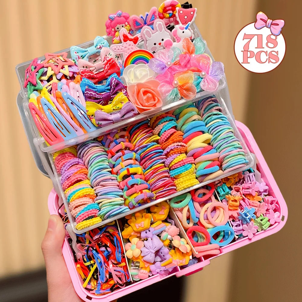 555  / 718 -Piece Ultimate Girls Hair Accessories Kit | Colorful Butterfly Clips & Elastics Set | D'AuraHaven