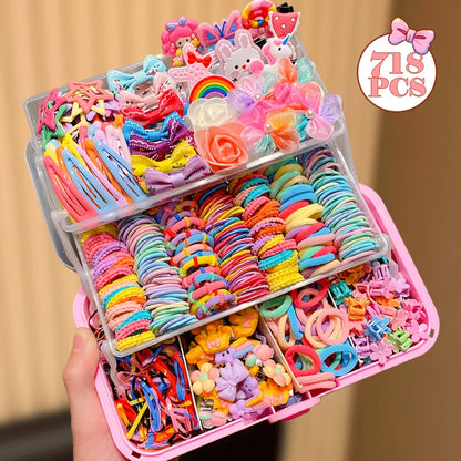 555  / 718 -Piece Ultimate Girls Hair Accessories Kit | Colorful Butterfly Clips & Elastics Set | D'AuraHaven