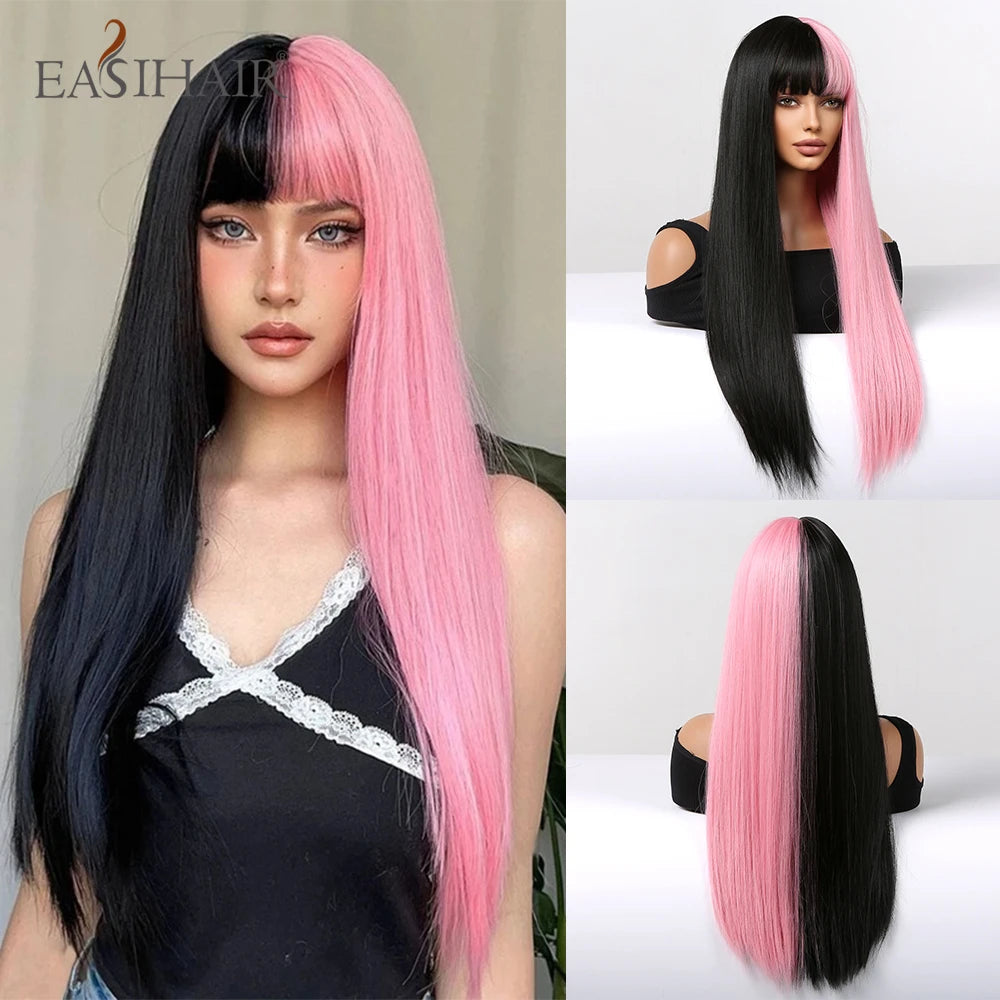 Premium Silk Straight Wig with Bangs | Long Glueless Synthetic | D'AuraHaven