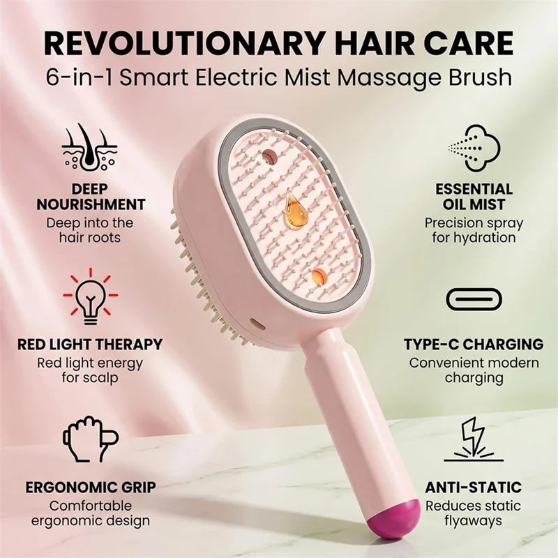 Electric Steam Air Cushion Massage Comb | Self-Cleaning Anti-Static Nano-Spray Hair Brush | D'AuraHaven