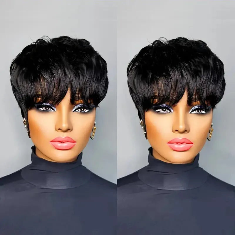 9A Grade Layered Pixie Cut Human Hair Wig with Bangs | Short Machine-Made Brazilian Bob | D'AuraHaven