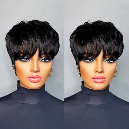 9A Grade Layered Pixie Cut Human Hair Wig with Bangs | Short Machine-Made Brazilian Bob | D'AuraHaven