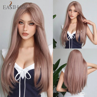 Premium Silk Straight Wig with Bangs | Long Glueless Synthetic | D'AuraHaven