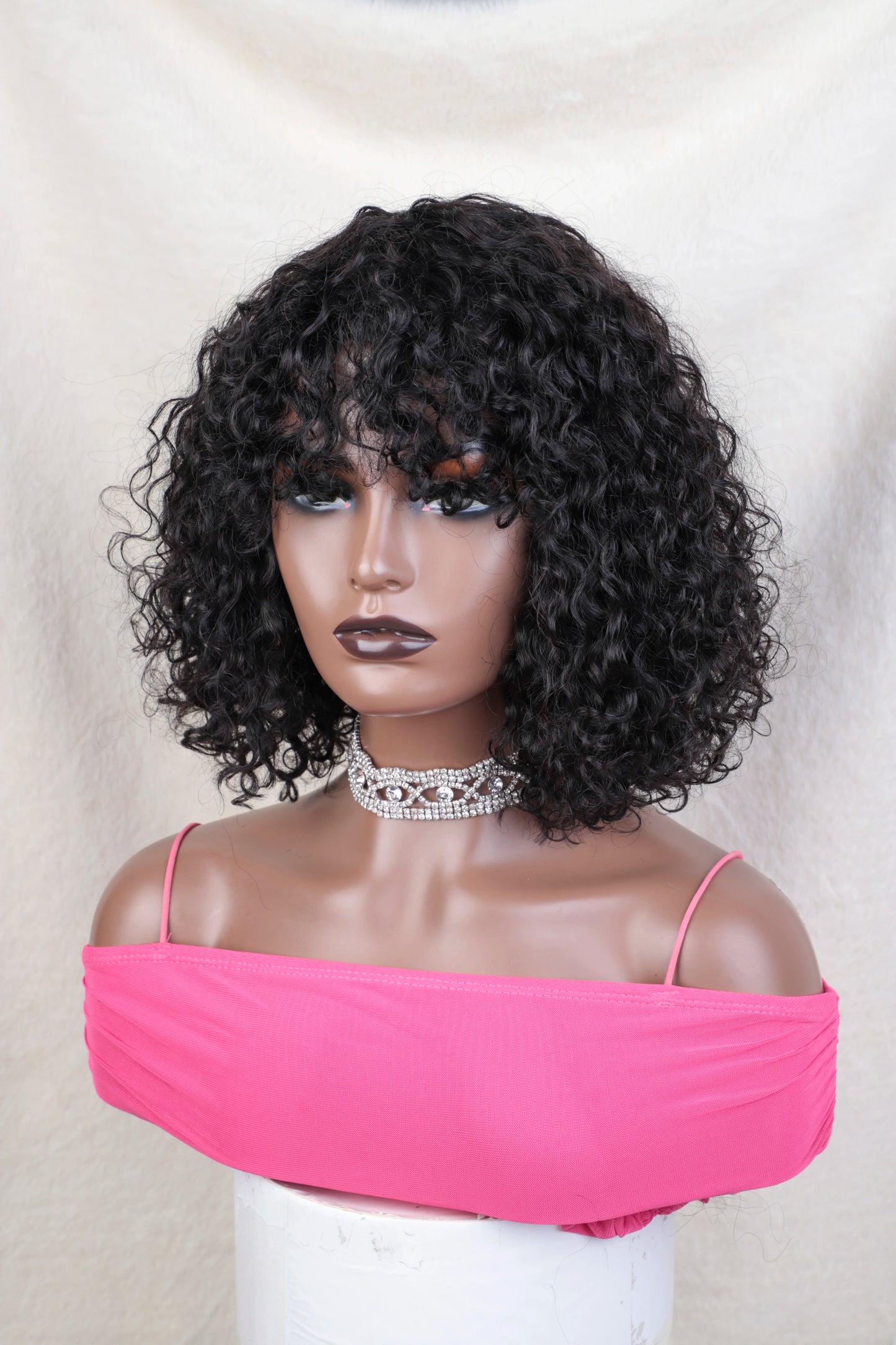Glueless Honey Blonde Highlight Jerry Curly Bob Wig with Bangs | Short Water Wave Human Hair | D'AuraHaven