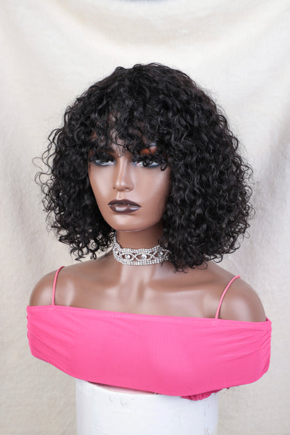 Glueless Honey Blonde Highlight Jerry Curly Bob Wig with Bangs | Short Water Wave Human Hair | D'AuraHaven