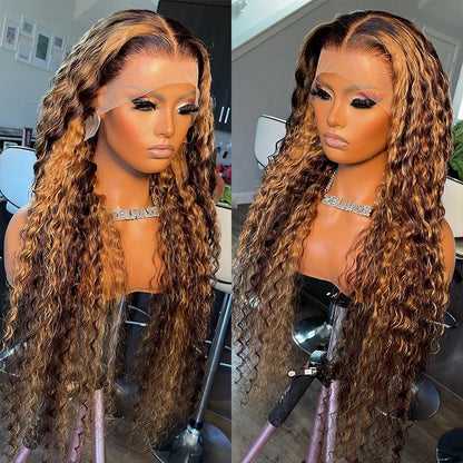 30" Highlight Honey Brown Deep Wave Lace Frontal Wig | 250% Density 13x6 HD Human Hair | D'AuraHaven