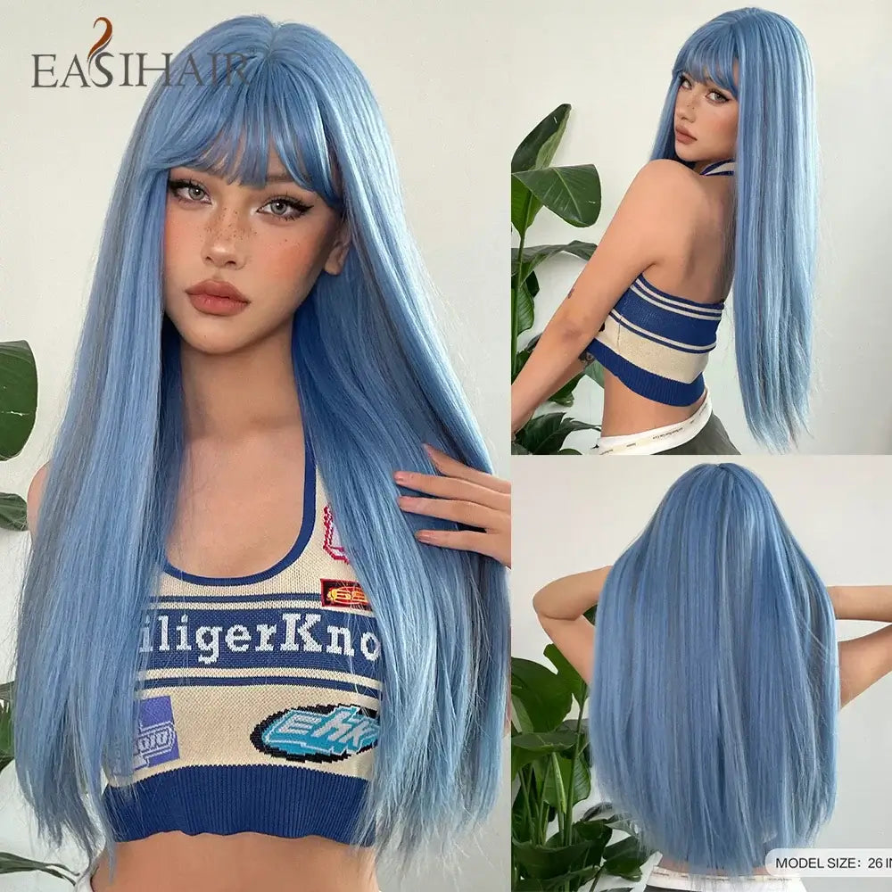 Premium Silk Straight Wig with Bangs | Long Glueless Synthetic | D'AuraHaven