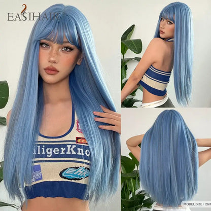 Premium Silk Straight Wig with Bangs | Long Glueless Synthetic | D'AuraHaven